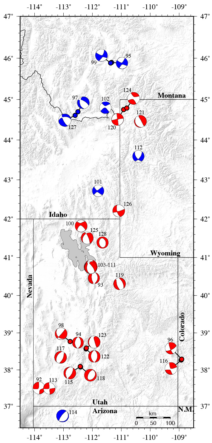 Moment tensor solutions 92-128 spanning <br />from 2019-2023. Blue solutions are for <br />events outside of the Utah or Yellowstone <br />catalog regions.