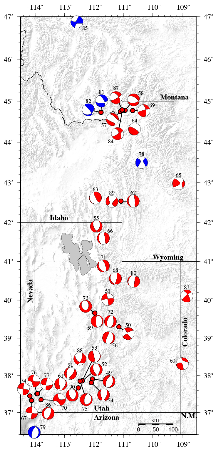 Moment tensor solutions 49-91 spanning <br />from 2011-2018. Blue solutions are for <br />events outside of the Utah or Yellowstone <br />catalog regions.