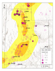 Map of Utah and edges of surrounding states. A yellow colored swath is oriented north-south through the center of the state and continues to the north in Idaho and Wyoming, and to the southwest into Nevada and Arizona. There are two orange polygons within the yellow swath in Utah. One is oriented north-south and covers the area from north of Ogden to south of Provo. The second is round and covers from north of Richfield to north of Cedar City. Open pink circles and pink stars represent earthquakes from 1850 through 2024. The circles correspond to earthquake magnitudes ranging 3.5 to 5, and the stars correspond to earthquakes with magnitude 5 or greater. The majority of the earthquakes are within the yellow swath, with few outside in the eastern portion of the state.
