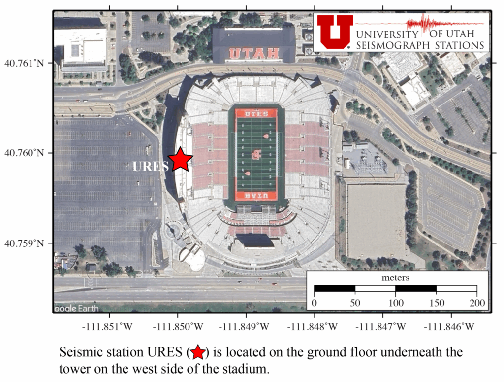 Aerial view of the University of Utah Rice Eccles stadium. A red star on the western side of the stadium indicates the location of the seismic station. Seismic station URES is located on the ground floor underneath the tower on the west side of the stadium.