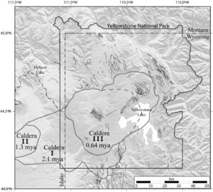Map of Yellowstone National Park and the three known calderas. Caldera I was formed 2.1 million years ago, and broadly covers from the center of the park to the southwest corner, and west into Idaho. Caldera II was formed 1.3 million years ago and is located in a small portion of Caldera I in Idaho, west of the national park boundary. Caldera III was formed 0.64 million years ago and is generally within the center of the park, partially overlapping Caldera I.
